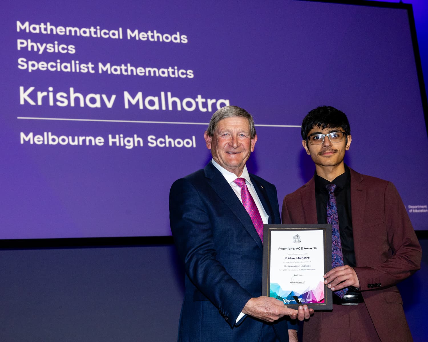 Krishav Malhotra receiving the Premier's VCE Award — Founder, KM Education