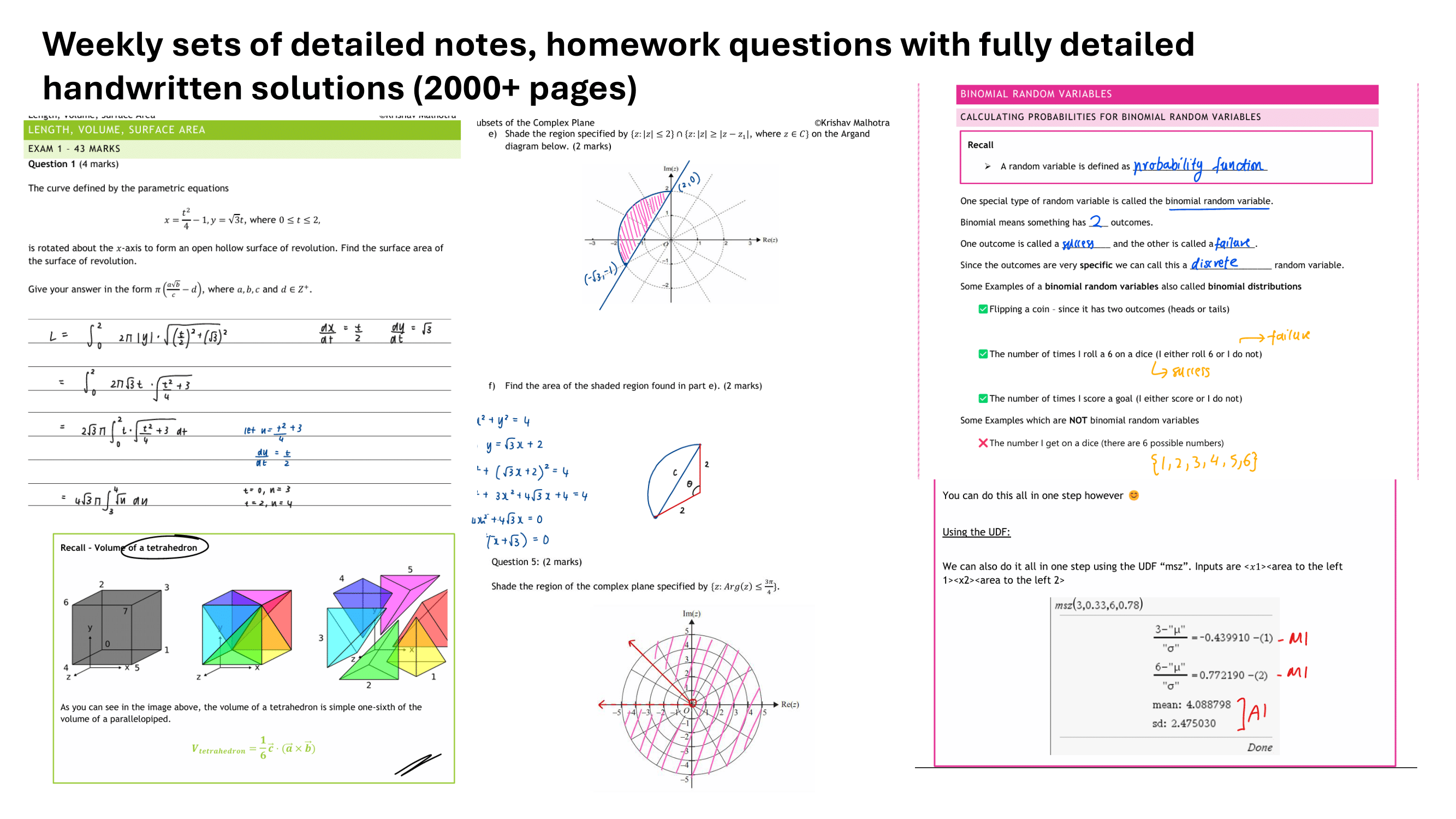 Weekly detailed notes and homework with handwritten solutions